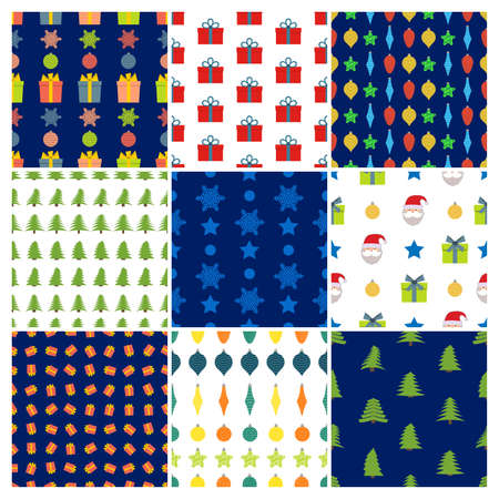 Set of nine Christmas Seamless Patterns with icons in flat style. Vector illustrationのイラスト素材