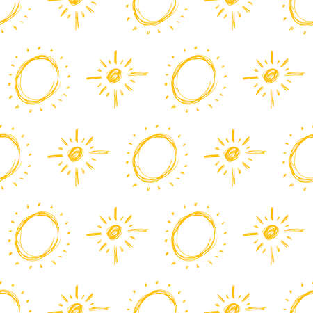 Hand drawn sun. Seamless pattern of simple sketch sun's. Solar symbol. Yellow doodle isolated on white background. Vector illustration.のイラスト素材
