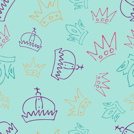 Hand drawn crowns. Seamless pattern of simple graffiti sketch queen or king crowns. Royal imperial coronation and monarch symbols. Multicolored brush doodle isolated on blue background. Vector illustration.のイラスト素材