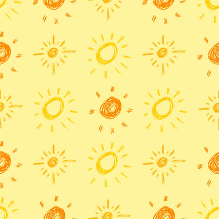 Hand drawn sun. Seamless pattern of simple sketch sun's. Solar symbol. Yellow doodle isolated on yellow background. Vector illustration.のイラスト素材