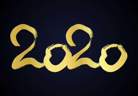 2020 hand drawn numbers. Grunge calligraphy lettering in gold isolated on dark background. Happy New Year and happy holidays. Vector illustration.のイラスト素材