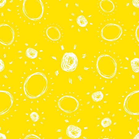 Hand drawn sun. Seamless pattern of simple sketch sun's. Solar symbol. Yellow doodle isolated on yellow background. Vector illustration.のイラスト素材