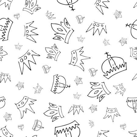 Hand drawn crowns. Seamless pattern of simple graffiti sketch queen or king crowns. Royal imperial coronation and monarch symbols. Black brush doodle isolated on white background. Vector illustration.のイラスト素材