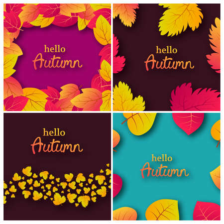 Set of four backgrounds with autumn leaves and place for your text.  Card design for fall season banner or poster. Vector illustrationのイラスト素材