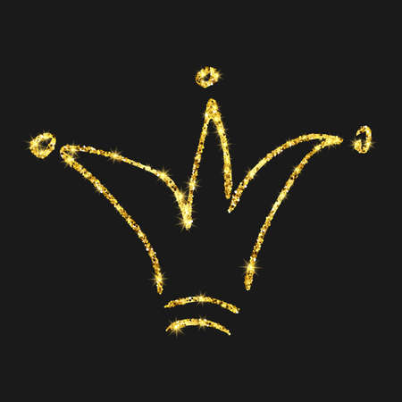 Gold glitter hand drawn crown. Simple graffiti sketch queen or king crown. Royal imperial coronation and monarch symbol isolated on dark background. Vector illustration.のイラスト素材