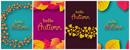 Set of four backgrounds with autumn leaves and place for your text.  Stories banner design for fall season banner or poster. Vector illustrationのイラスト素材