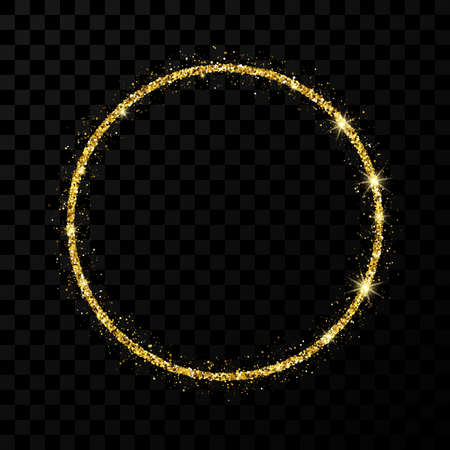 Gold glitter frame. Circle frame with shiny stars and sparkles on dark transparent background. Vector illustrationのイラスト素材
