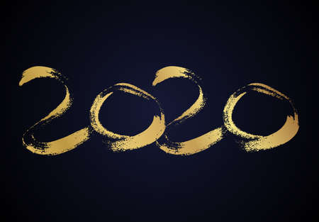 2020 hand drawn numbers. Grunge calligraphy lettering in gold isolated on dark background. Happy New Year and happy holidays. Vector illustration.のイラスト素材
