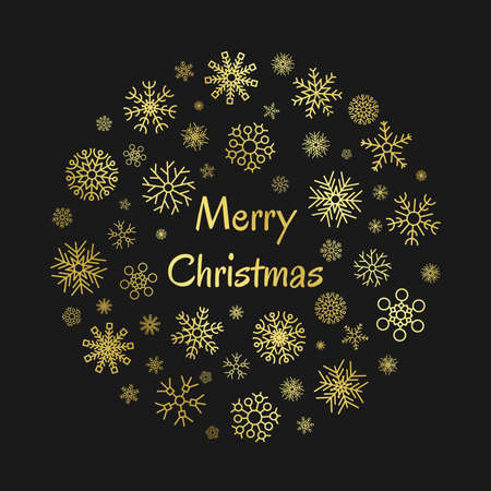 Christmas round banner with gold snowflakes on dark background and inscription Merry Christmas. Vector illustrationのイラスト素材