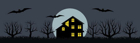 Happy Halloween festive banner with a lonely house and bats on a background of the full moon at night. Vector illustration.のイラスト素材