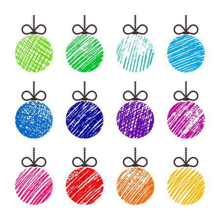 Hand drawn christmas balls. Set of twelve multicolored doodle christmas balls isolated on white background. Winter holiday elements. Vector illustrationのイラスト素材