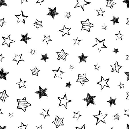 Seamless background of doodle stars. Black hand drawn stars on white background. Vector illustrationのイラスト素材