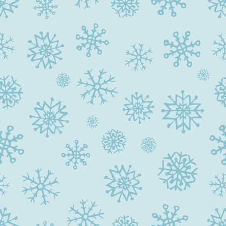 Seamless background of hand drawn snowflakes. Dark blue snowflakes on blue background. Christmas and New Year decoration elements. Vector illustration.のイラスト素材