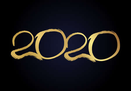 2020 hand drawn numbers. Grunge calligraphy lettering in gold isolated on dark background. Happy New...