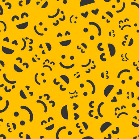 Cartoon faces with emotions. Seamless pattern with different emoticons on yellow background. Vector illustrationのイラスト素材