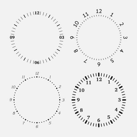 Clock faces on a white background. Set of four 12 hours watch dials with round scale. Vector illustrationのイラスト素材