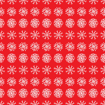 Seamless background of hand drawn snowflakes. White snowflakes on red background. Christmas and New Year decoration elements. Vector illustration.のイラスト素材