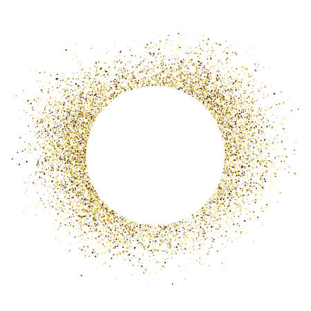 Greeting card with white round frame on golden glitter background. Empty white background. Vector illustration.のイラスト素材
