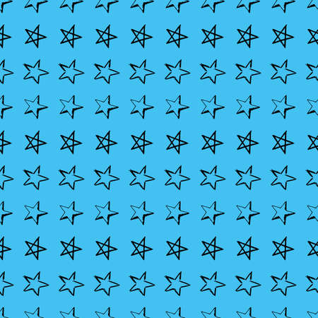 Seamless background of doodle stars. Black hand drawn stars on blue background. Vector illustrationのイラスト素材