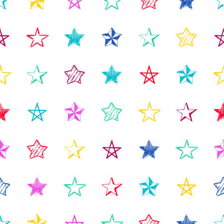 Seamless background of doodle stars. Multicolor hand drawn stars on white background. Vector illustrationのイラスト素材