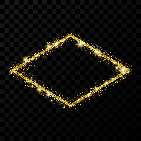 Gold glitter frame. Rhombus frame with shiny sparkles on dark transparent background. Vector illustrationのイラスト素材