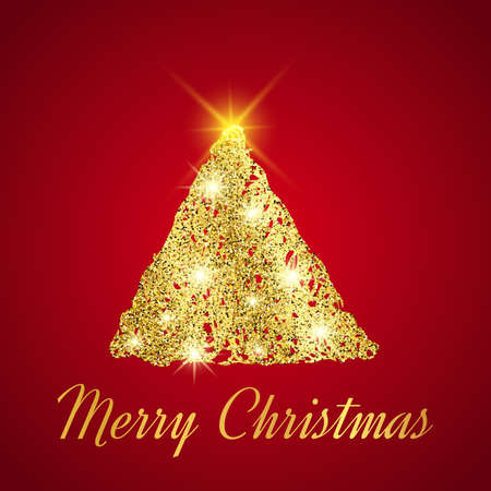 Gold glitter Christmas tree in sketch style on red background. Happy new year card design. Vector illustration.のイラスト素材