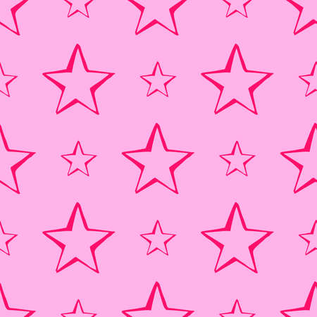 Seamless background of doodle stars. Pink hand drawn stars on pink background. Vector illustrationのイラスト素材