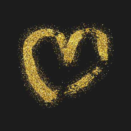 Gold glitter doodle heart on dark background. Gold grunge hand drawn heart. Romantic love symbol. Vector illustration.のイラスト素材