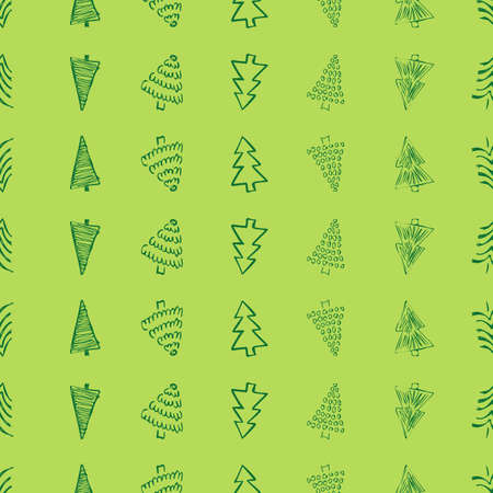 Seamless pattern with hand drawn Christmas trees. Sketched firs.  Winter holiday doodle elements. Vector illustrationのイラスト素材