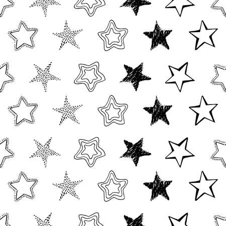 Seamless background of doodle stars. Black hand drawn stars on white background. Vector illustrationのイラスト素材