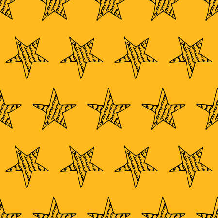 Seamless background of doodle stars. Black hand drawn stars on yellow background. Vector illustrationのイラスト素材