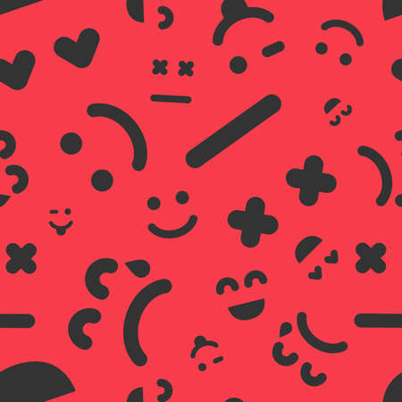 Cartoon faces with emotions. Seamless pattern with different emoticons on red background. Vector illustrationのイラスト素材