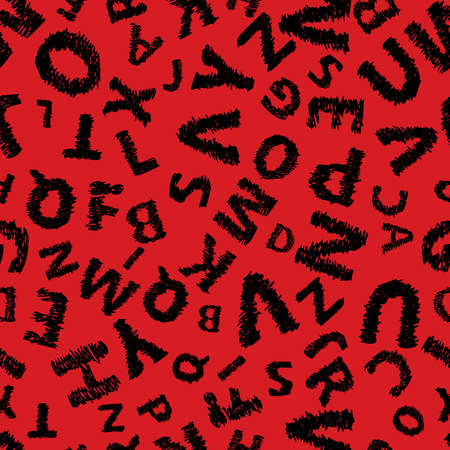Doodle alphabet seamless background.  Endless vector pattern with black letters on a red background.のイラスト素材