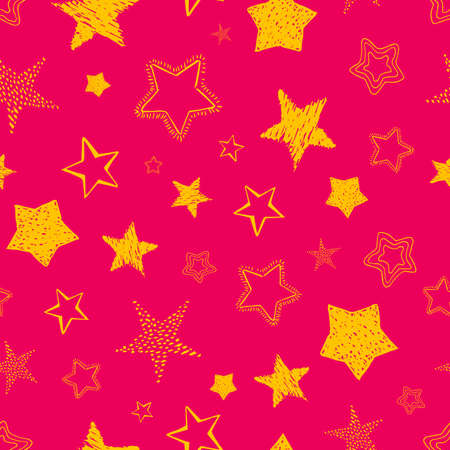 Seamless background of doodle stars. Yellow hand drawn stars on red background. Vector illustrationのイラスト素材