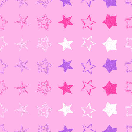 Seamless background of doodle stars. Colorful hand drawn stars on pink background. Vector illustrationのイラスト素材