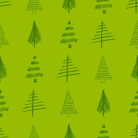 Seamless pattern with hand drawn Christmas trees. Sketched firs.  Winter holiday doodle elements. Vector illustrationのイラスト素材