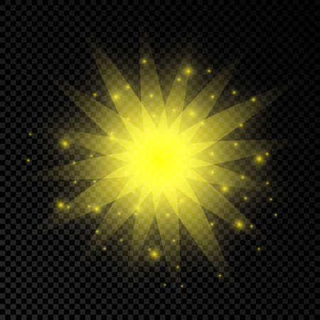 Light effect of lens flares. Yellow glowing lights starburst effects with sparkles on a transparent background. Vector illustrationのイラスト素材