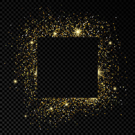 Square frame with golden glitter on dark transparent  background. Empty white background. Vector illustration.のイラスト素材