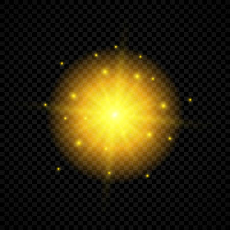Light effect of lens flares. Yellow glowing lights starburst effects with sparkles on a transparent background. Vector illustrationのイラスト素材