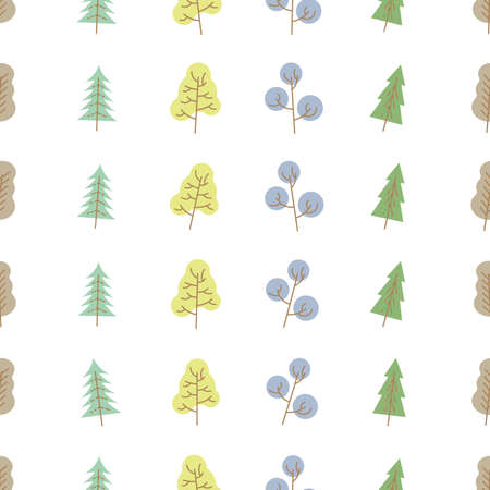 Seamless pattern with colored trees on white background. Vector illustration.