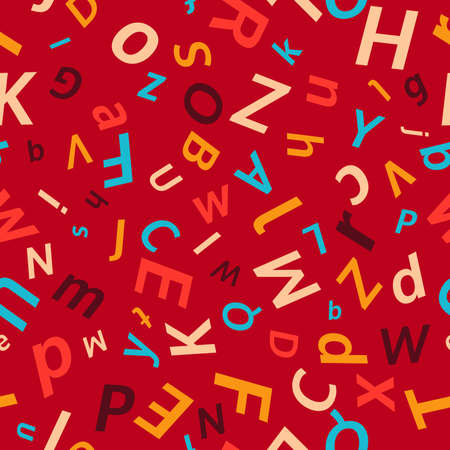 Alphabet seamless background.  Endless vector pattern with multicolored letters on a red background.のイラスト素材
