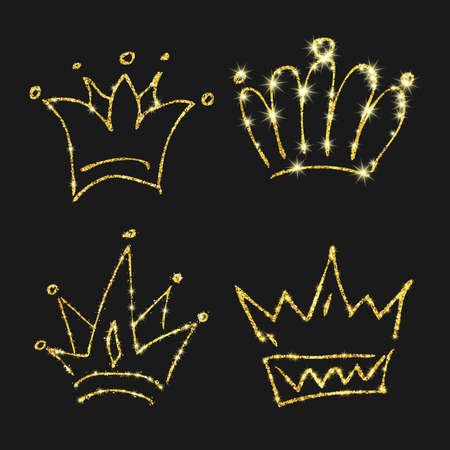 Gold glitter hand drawn crown. Set of four simple graffiti sketches queen or king crowns. Royal imperial coronation and monarch symbol isolated on dark background. Vector illustration.のイラスト素材