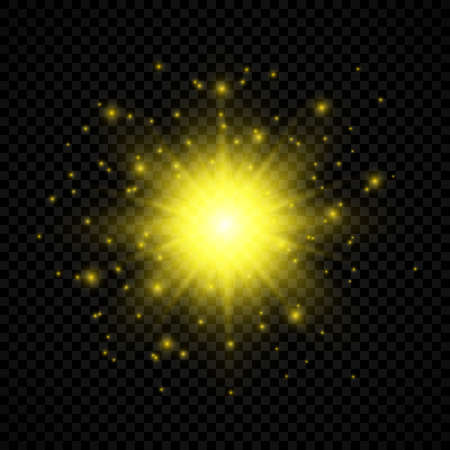 Light effect of lens flares. Yellow glowing lights starburst effects with sparkles on a transparent background. Vector illustrationのイラスト素材