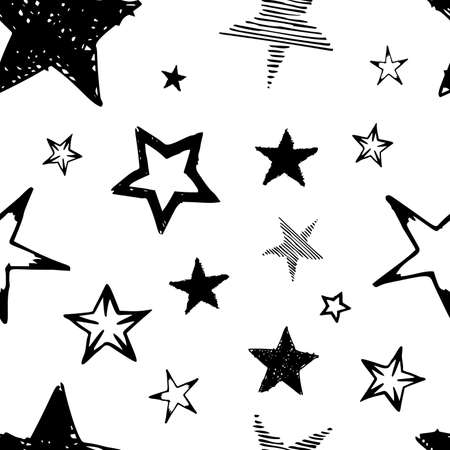 Seamless background of doodle stars. Black hand drawn stars on white background. Vector illustrationのイラスト素材