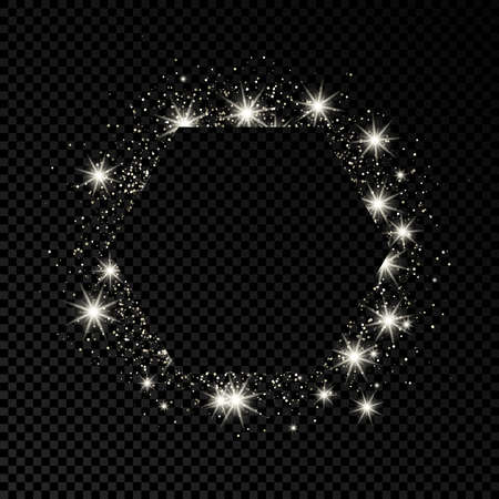Hexagon frame with silver glitter on dark transparent  background. Empty background. Vector illustration.のイラスト素材