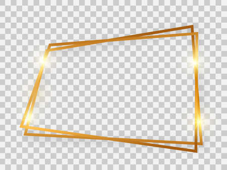 Double gold shiny trapezoid frame with glowing effects and shadows on transparent background. Vector illustrationのイラスト素材
