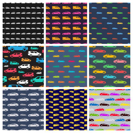 Set of nine seamless patterns with cars on multicolor background. Vector illustration.のイラスト素材