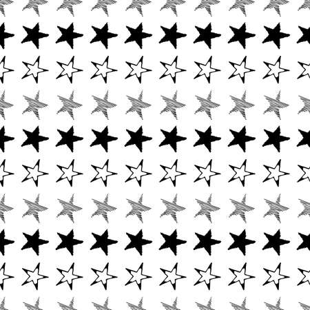 Seamless background of doodle stars. Black hand drawn stars on white background. Vector illustrationのイラスト素材