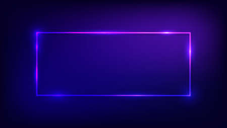 Neon rectangular frame with shining effects on dark background. Empty glowing techno backdrop. Vector illustration.のイラスト素材