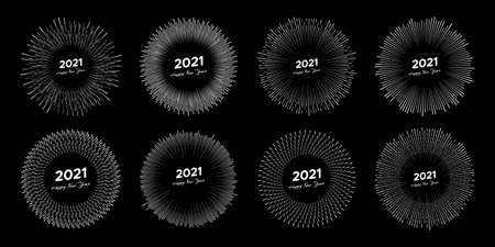 Set of eight fireworks with inscription 2021 and Happy New Year. White line rays  isolated on black background. Vector illustrationのイラスト素材